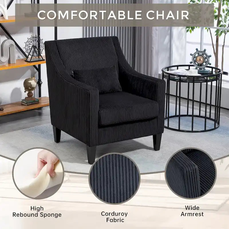 Black Modern Accent Armchair with Rubber Wood Legs