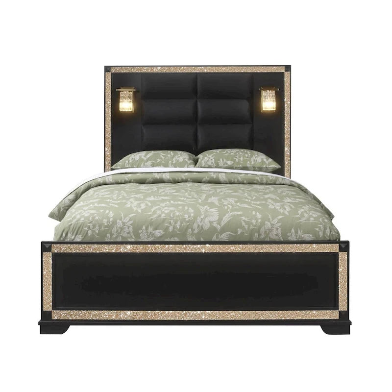 Black and Gold Queen Bed Frame with Lighted Headboard and Faux Crystal Accents