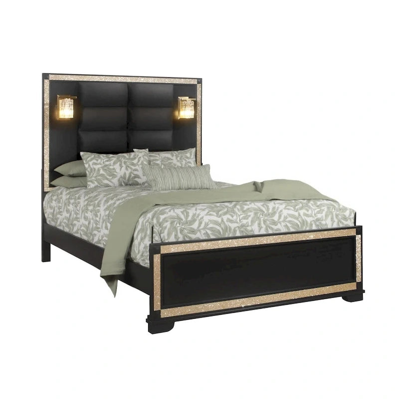 Black and Gold Queen Bed Frame with Lighted Headboard and Faux Crystal Accents