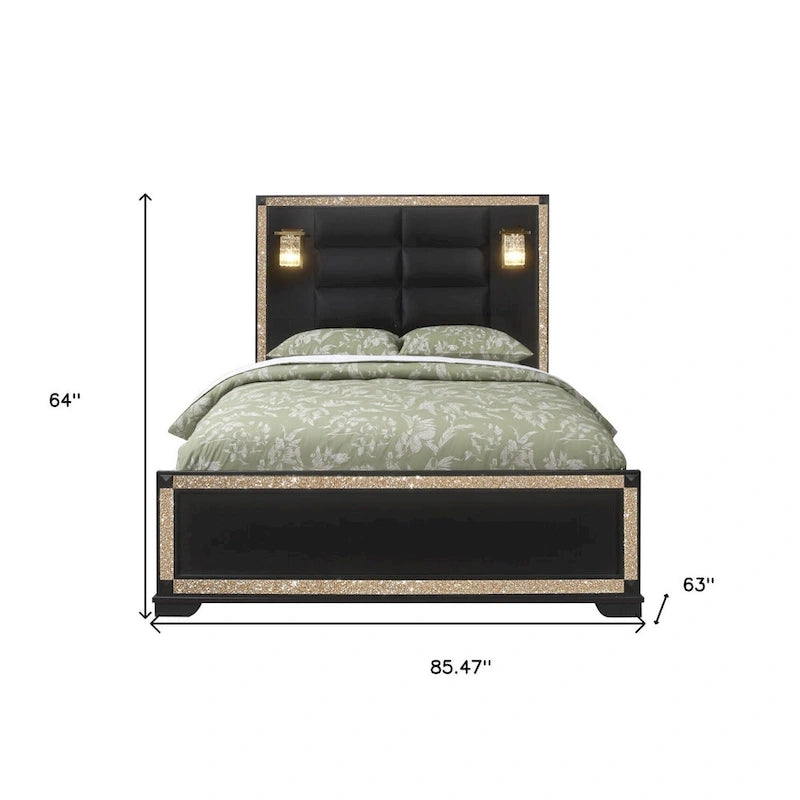 Black and Gold Queen Bed Frame with Lighted Headboard and Faux Crystal Accents