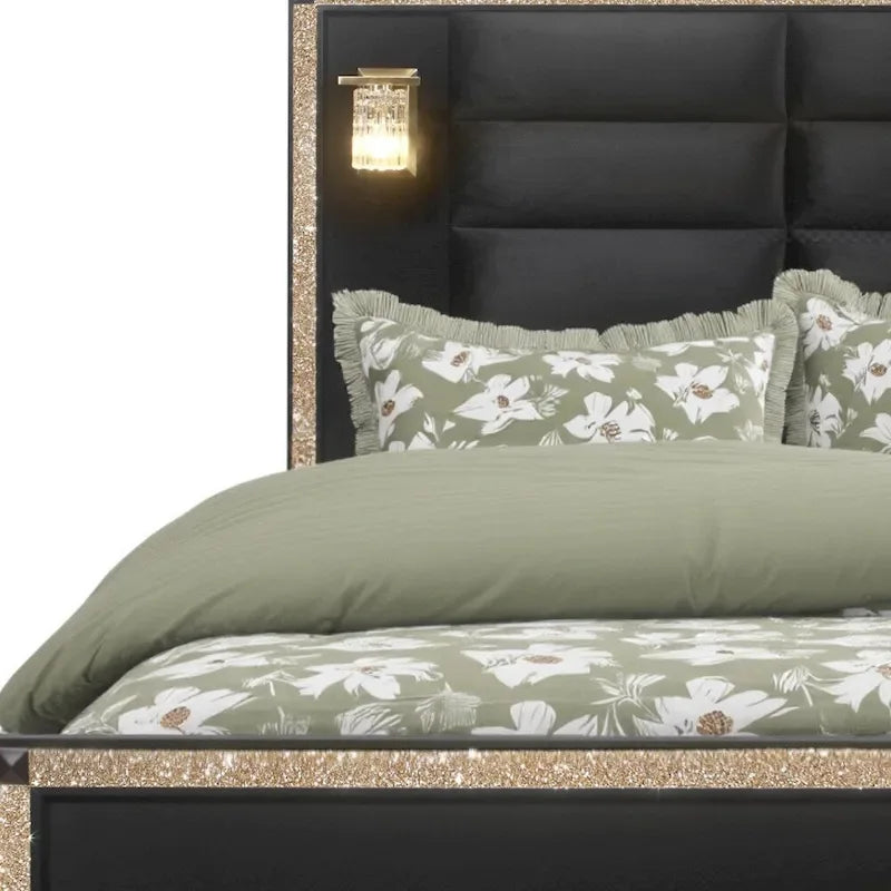 Black and Gold Queen Bed Frame with Lighted Headboard and Faux Crystal Accents