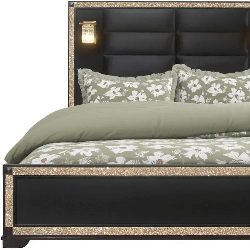 Black and Gold Queen Bed Frame with Lighted Headboard and Faux Crystal Accents