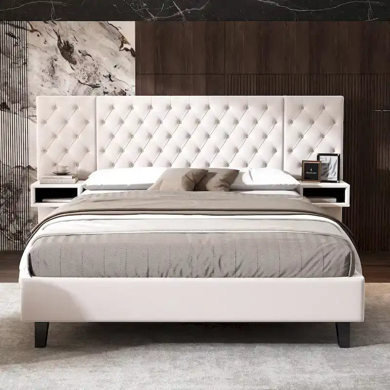 Queen Size Velvet Platform Bed with Tufted Headboard and Storage