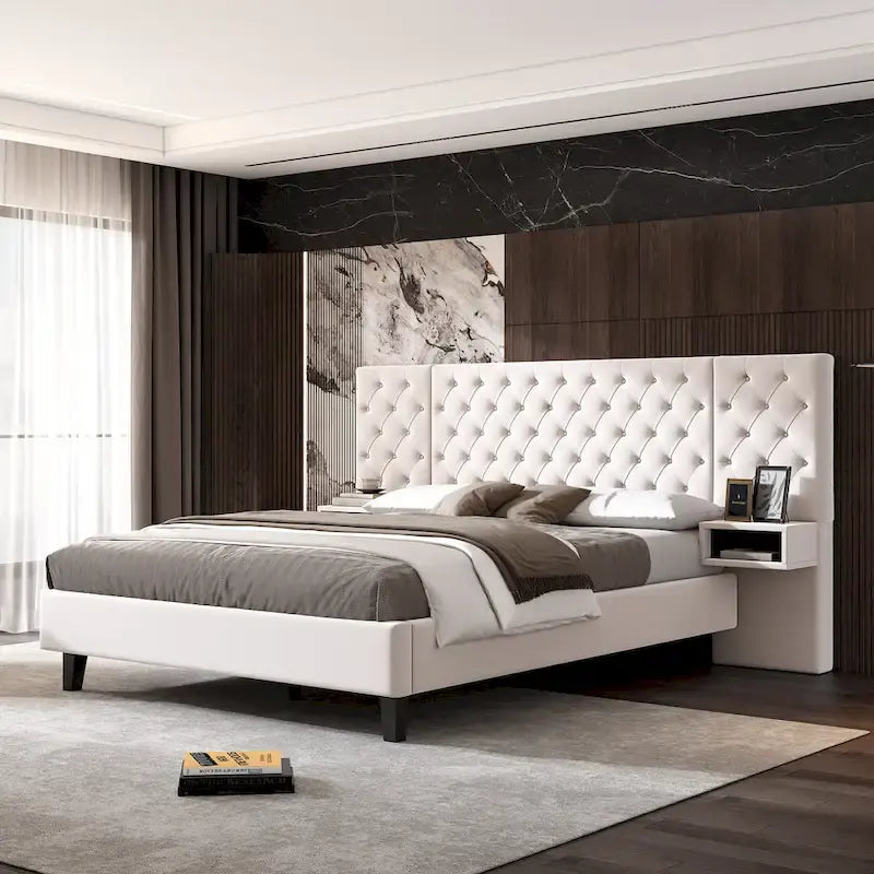 Queen Size Velvet Platform Bed with Tufted Headboard and Storage