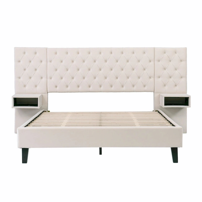 Queen Size Velvet Platform Bed with Tufted Headboard and Storage