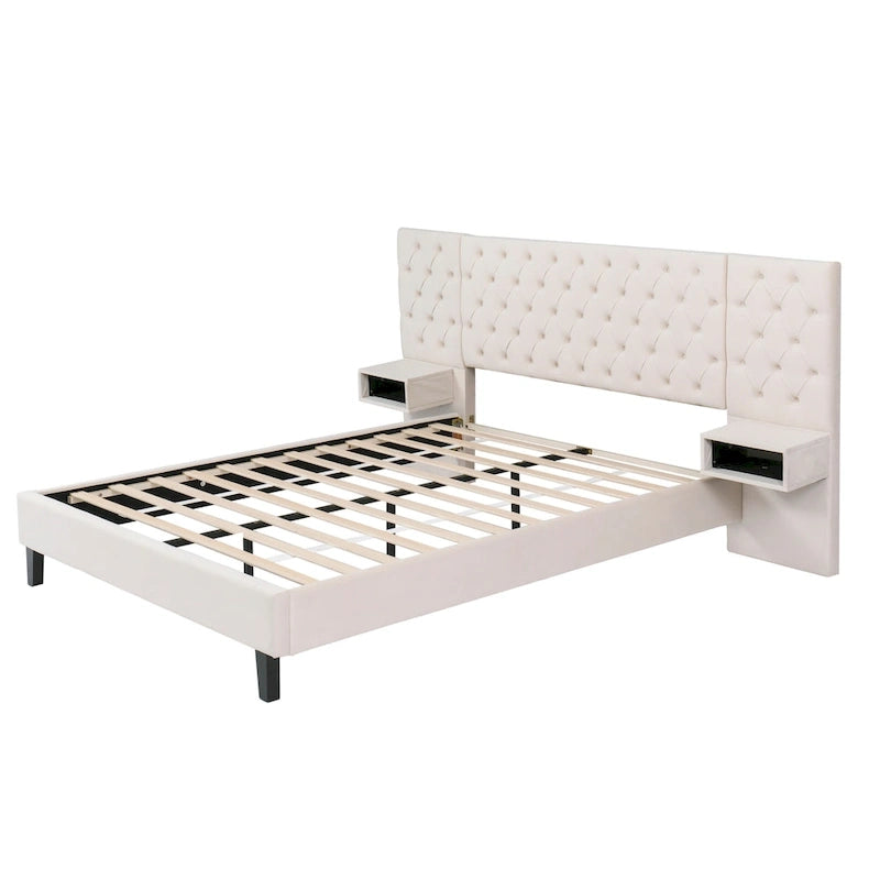 Queen Size Velvet Platform Bed with Tufted Headboard and Storage