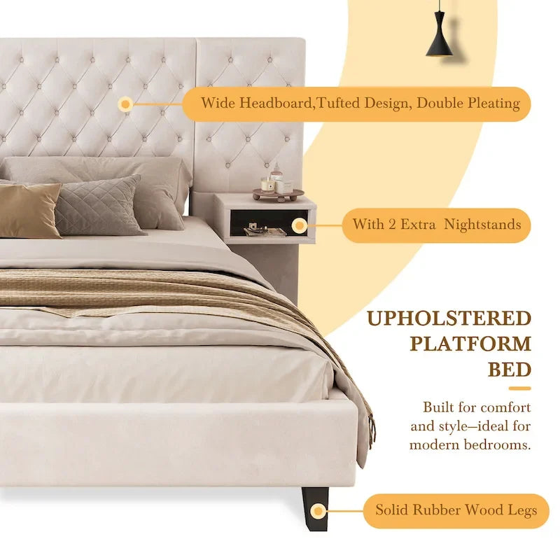 Queen Size Velvet Platform Bed with Tufted Headboard and Storage
