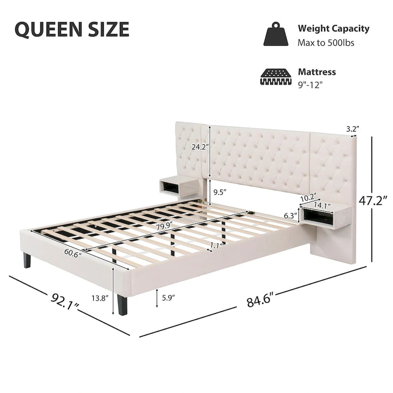 Queen Size Velvet Platform Bed with Tufted Headboard and Storage