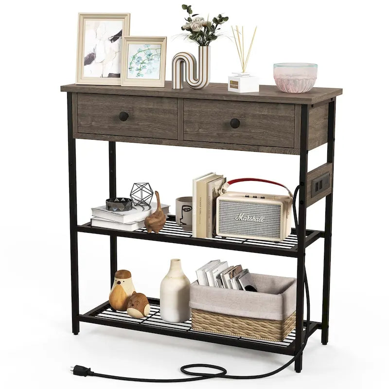 Narrow Entryway Console Table with Charging Station and 2 Drawers