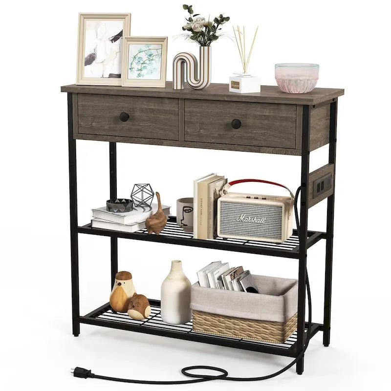 Narrow Entryway Console Table with Charging Station and 2 Drawers