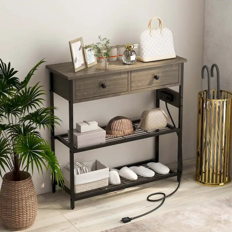 Narrow Entryway Console Table with Charging Station and 2 Drawers
