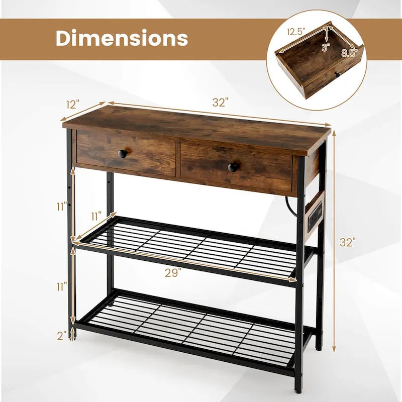 Narrow Entryway Console Table with Charging Station and 2 Drawers