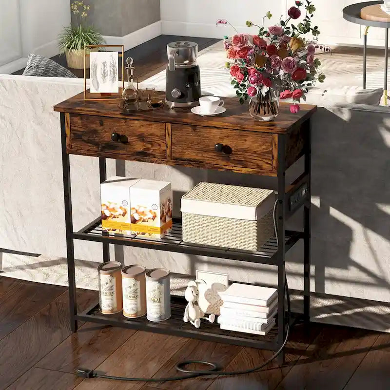 Narrow Entryway Console Table with Charging Station and 2 Drawers