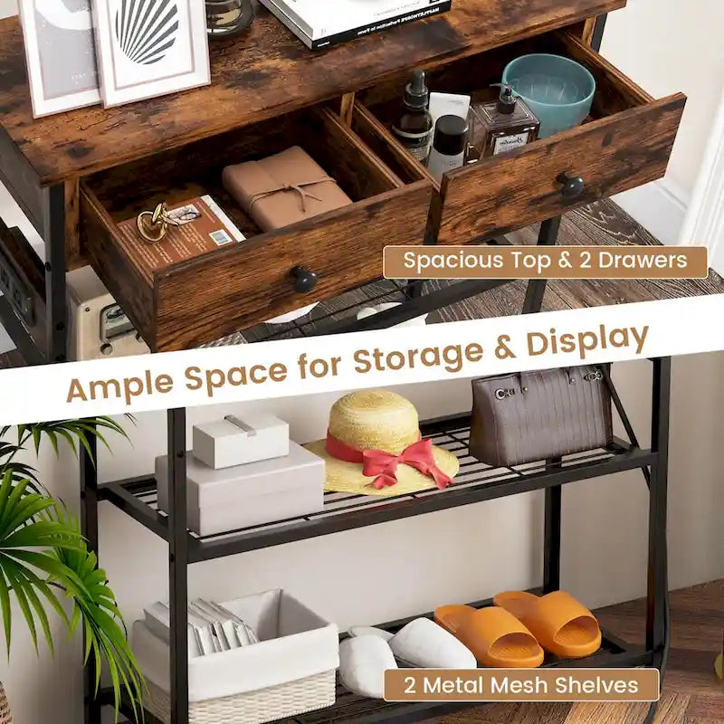 Narrow Entryway Console Table with Charging Station and 2 Drawers