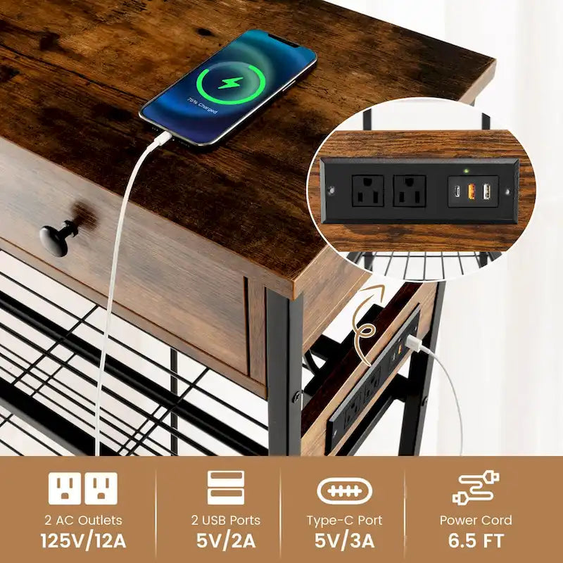 Narrow Entryway Console Table with Charging Station and 2 Drawers