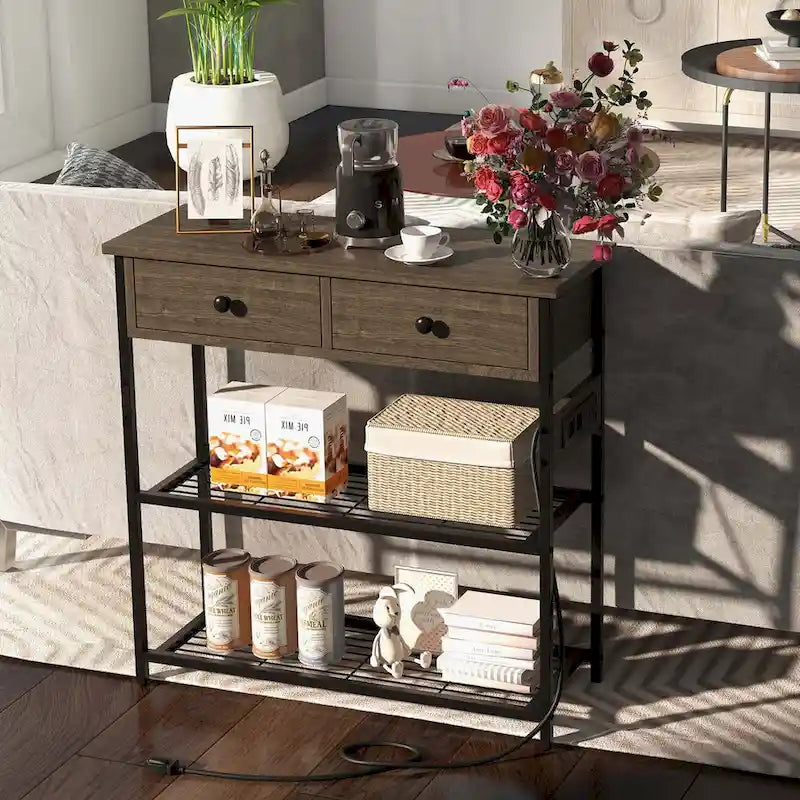 Narrow Entryway Console Table with Charging Station and 2 Drawers