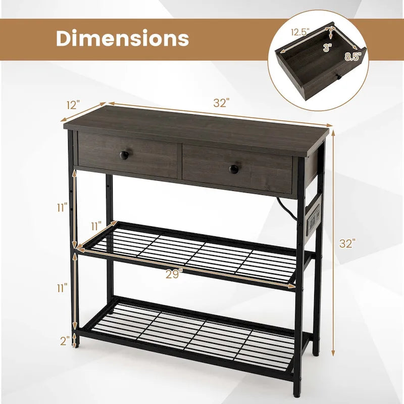 Narrow Entryway Console Table with Charging Station and 2 Drawers