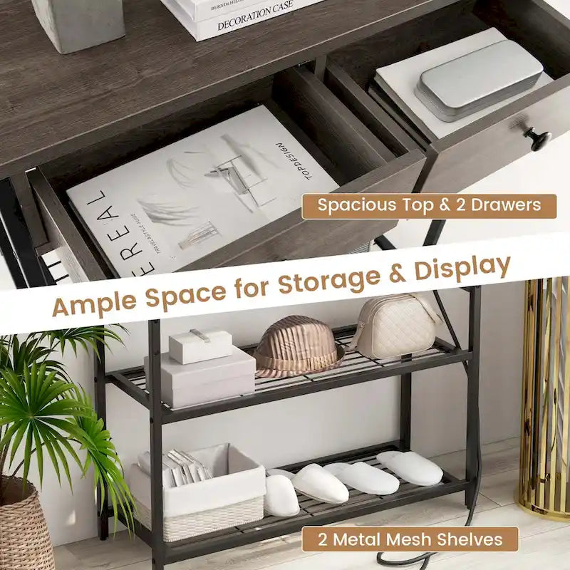 Narrow Entryway Console Table with Charging Station and 2 Drawers
