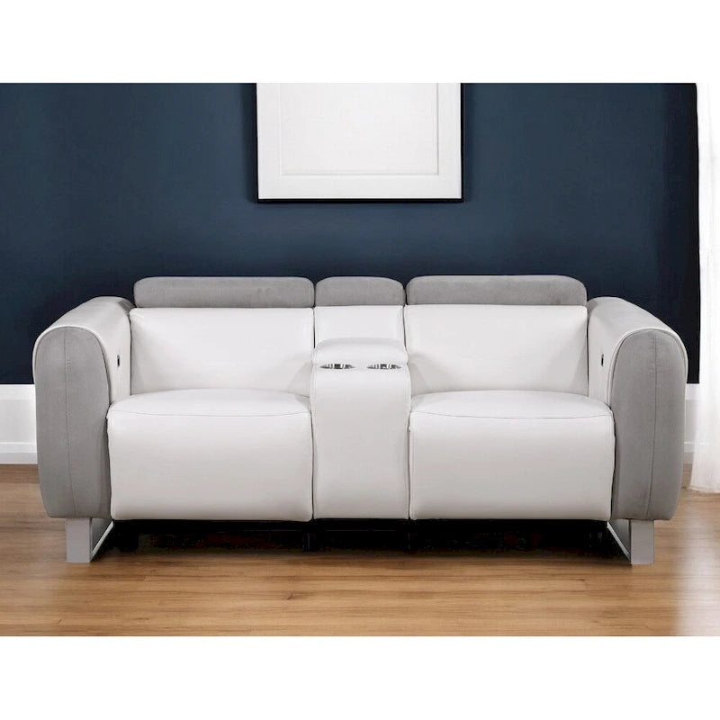 77-Inch Gray and White Power Reclining Loveseat with Storage