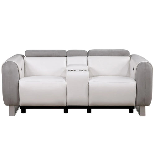 77-Inch Gray and White Power Reclining Loveseat with Storage