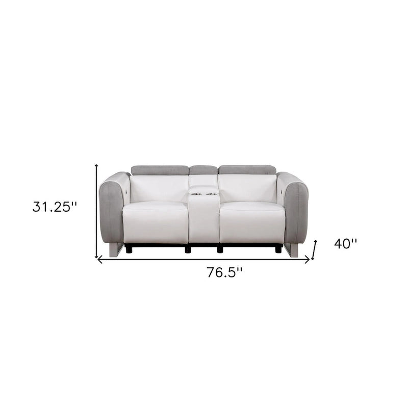 77-Inch Gray and White Power Reclining Loveseat with Storage