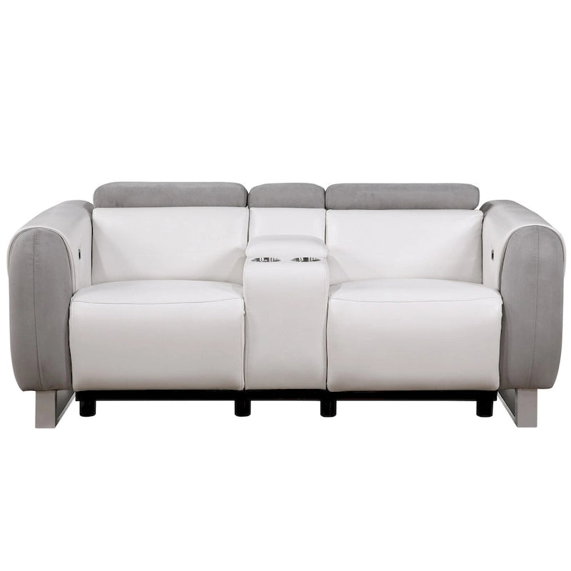 77-Inch Gray and White Power Reclining Loveseat with Storage