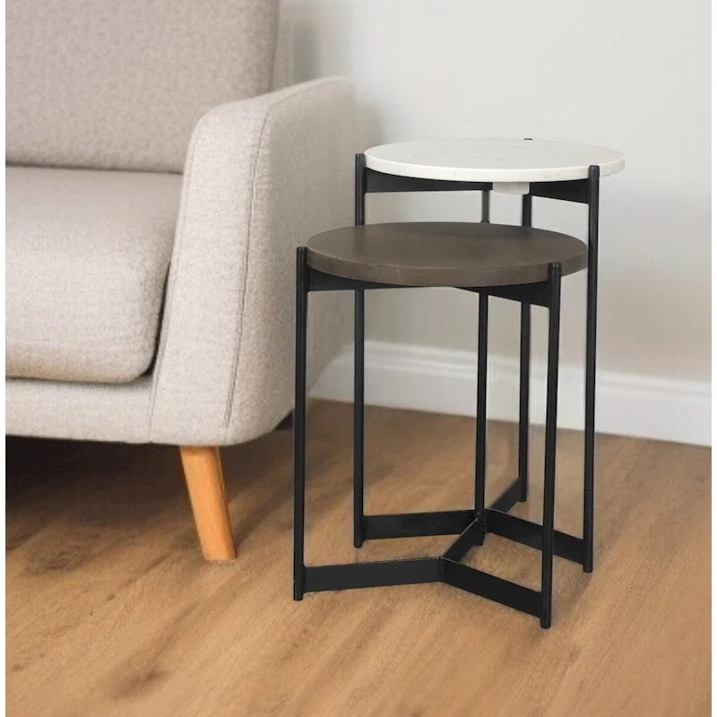 Set of 2 Round Marble and Mango Wood Nesting Tables with Black Metal Legs