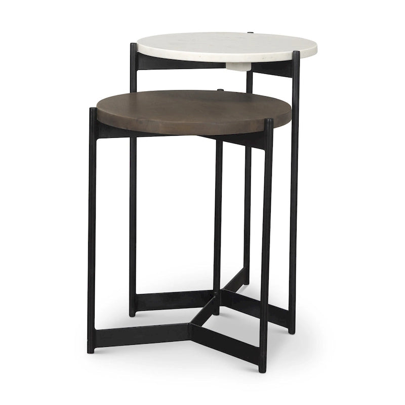 Set of 2 Round Marble and Mango Wood Nesting Tables with Black Metal Legs