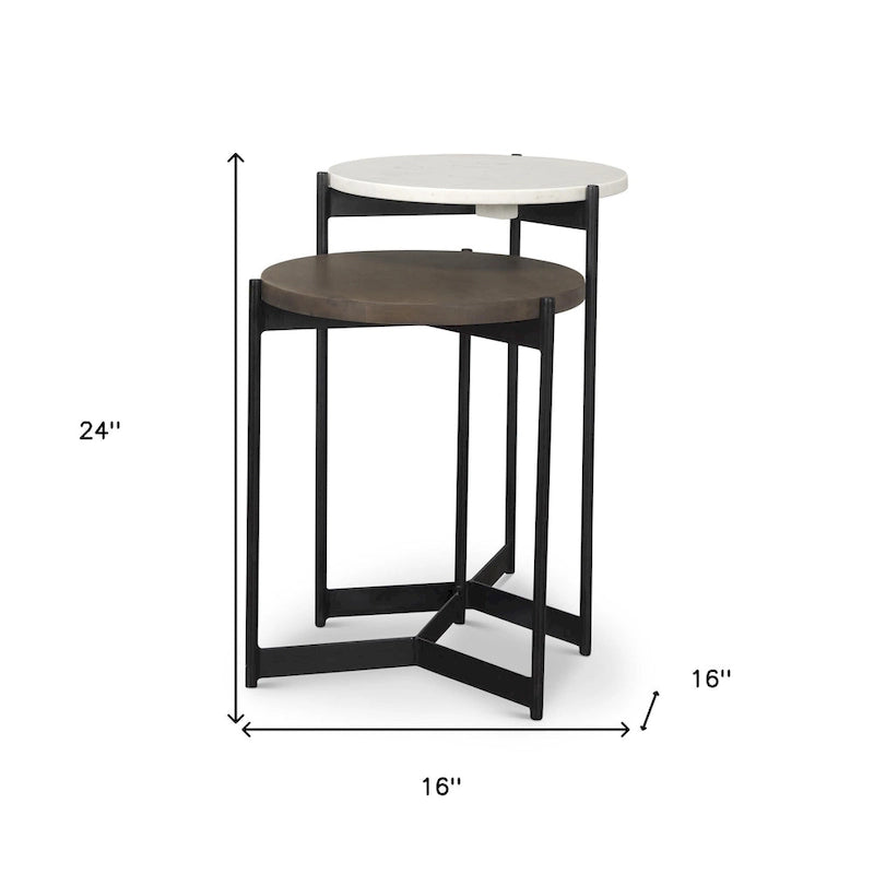 Set of 2 Round Marble and Mango Wood Nesting Tables with Black Metal Legs
