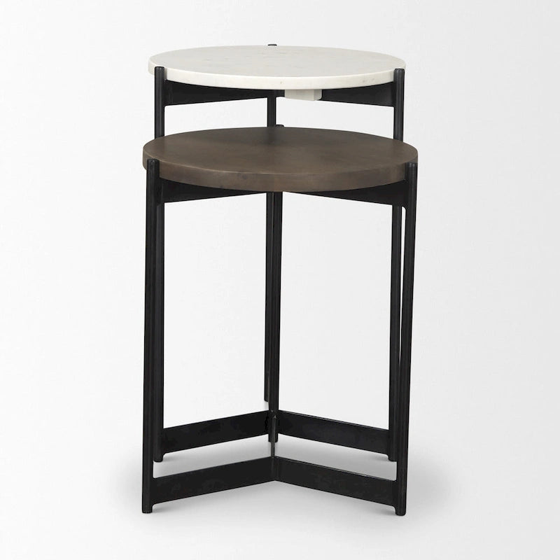 Set of 2 Round Marble and Mango Wood Nesting Tables with Black Metal Legs