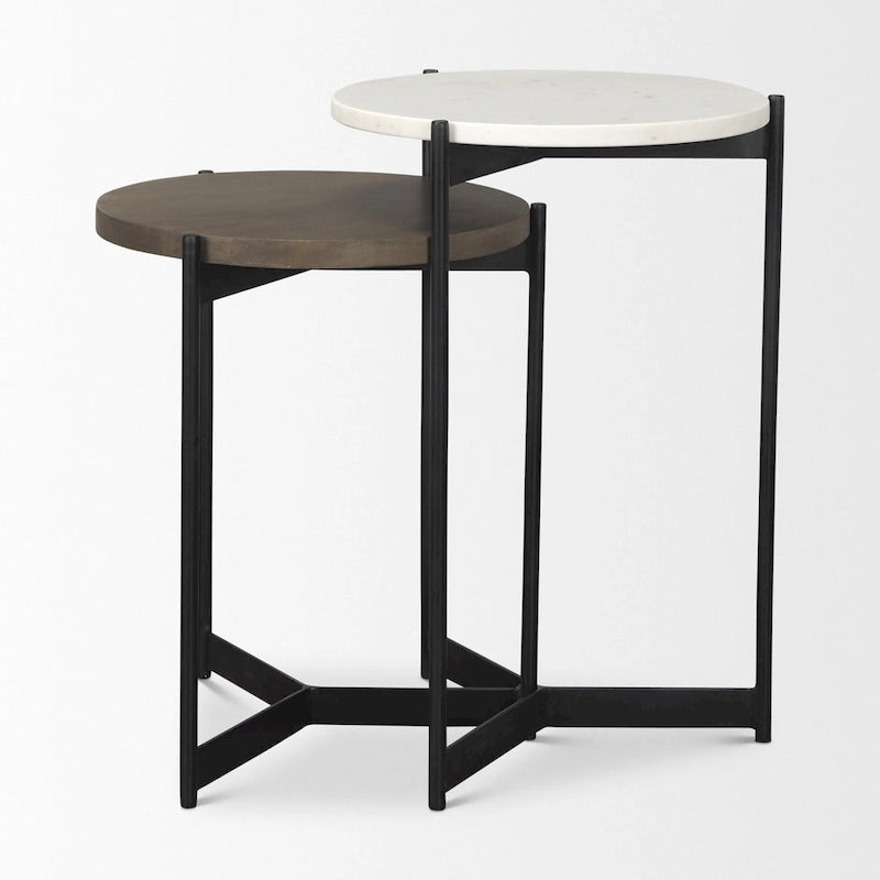 Set of 2 Round Marble and Mango Wood Nesting Tables with Black Metal Legs