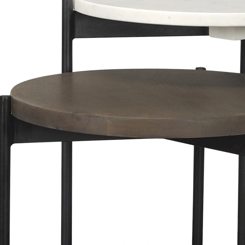 Set of 2 Round Marble and Mango Wood Nesting Tables with Black Metal Legs