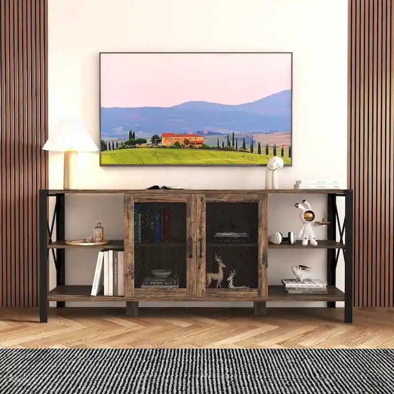 Industrial Farmhouse TV Stand with 4 Shelves and 2 Storage Cabinets