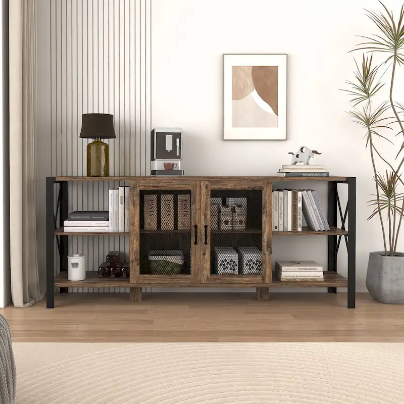 Industrial Farmhouse TV Stand with 4 Shelves and 2 Storage Cabinets