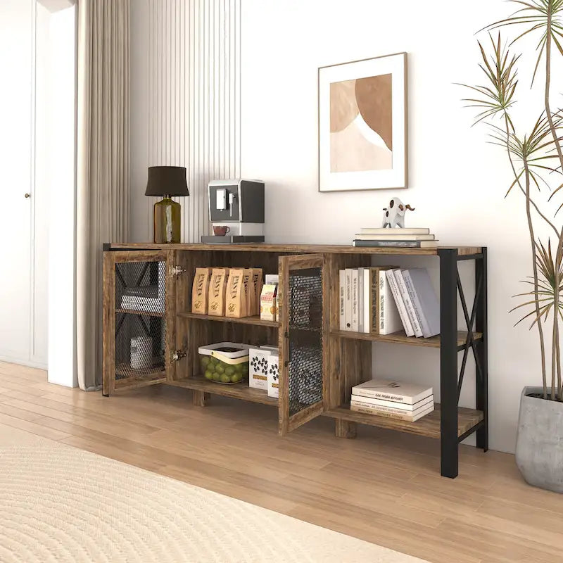Industrial Farmhouse TV Stand with 4 Shelves and 2 Storage Cabinets