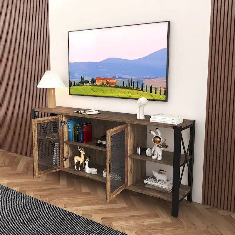 Industrial Farmhouse TV Stand with 4 Shelves and 2 Storage Cabinets