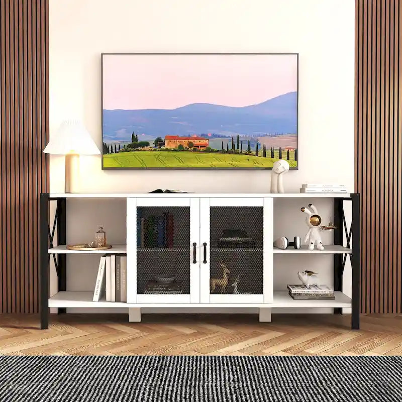 Industrial Farmhouse TV Stand with 4 Shelves and 2 Storage Cabinets