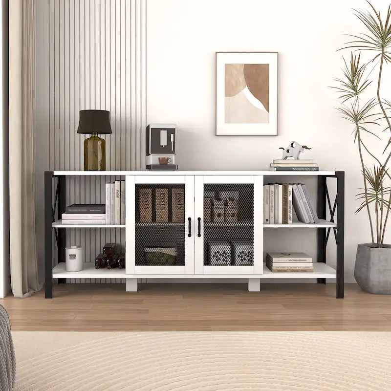 Industrial Farmhouse TV Stand with 4 Shelves and 2 Storage Cabinets