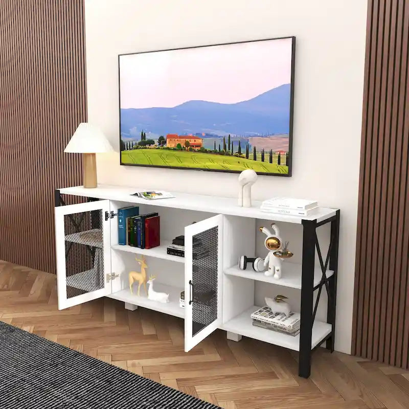 Industrial Farmhouse TV Stand with 4 Shelves and 2 Storage Cabinets