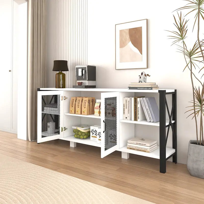 Industrial Farmhouse TV Stand with 4 Shelves and 2 Storage Cabinets
