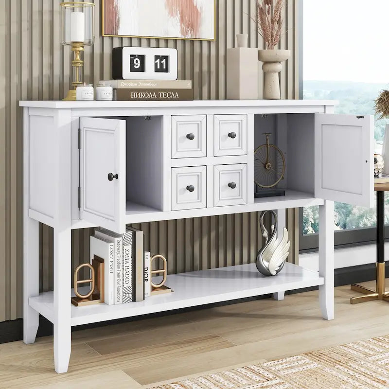 White Distressed Sideboard with 4 Drawers, 2 Cabinets and Shelf