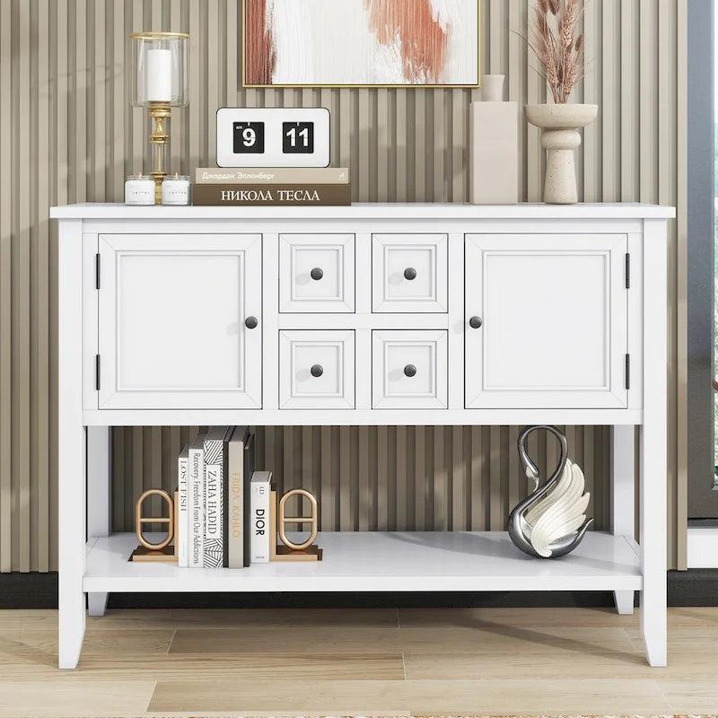 White Distressed Sideboard with 4 Drawers, 2 Cabinets and Shelf