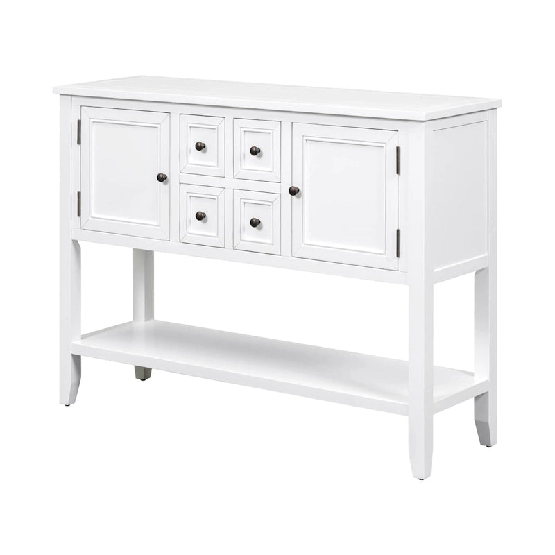 White Distressed Sideboard with 4 Drawers, 2 Cabinets and Shelf