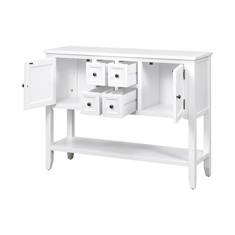 White Distressed Sideboard with 4 Drawers, 2 Cabinets and Shelf