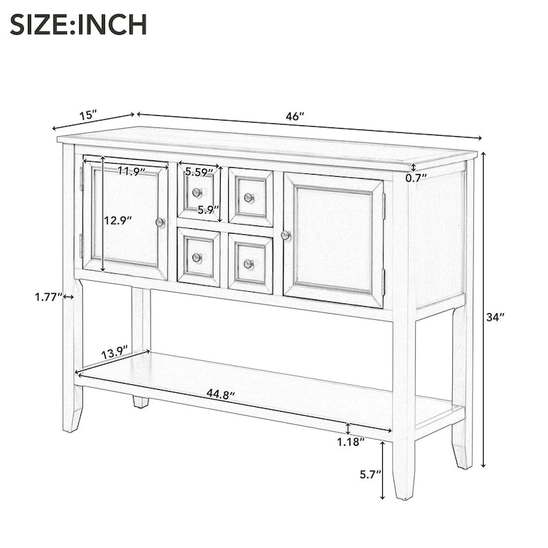 White Distressed Sideboard with 4 Drawers, 2 Cabinets and Shelf