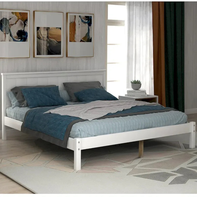 White Full-Size Pine Platform Bed with Headboard and Under-Bed Storage