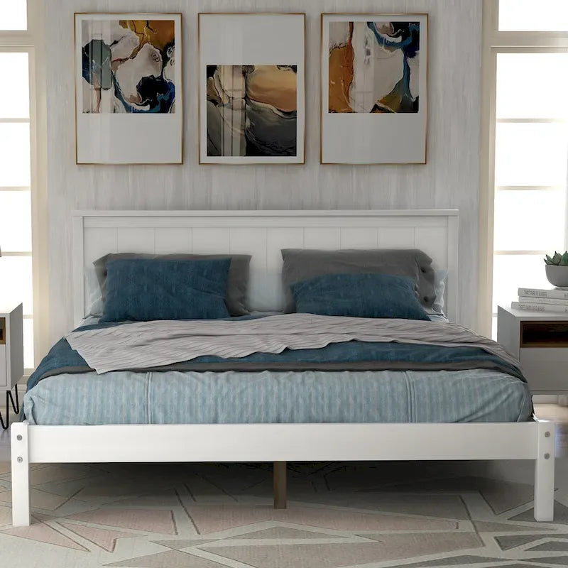 White Full-Size Pine Platform Bed with Headboard and Under-Bed Storage