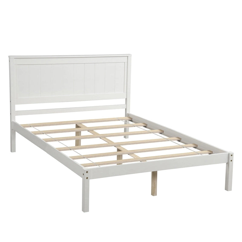 White Full-Size Pine Platform Bed with Headboard and Under-Bed Storage