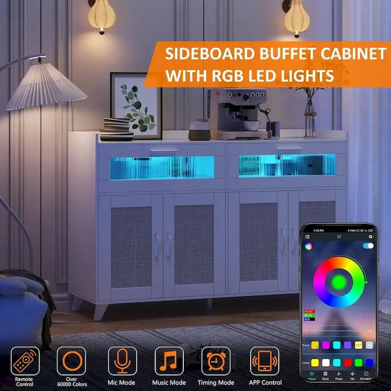 Buffet Sideboard Cabinet with RGB LED Lights and Power Outlets