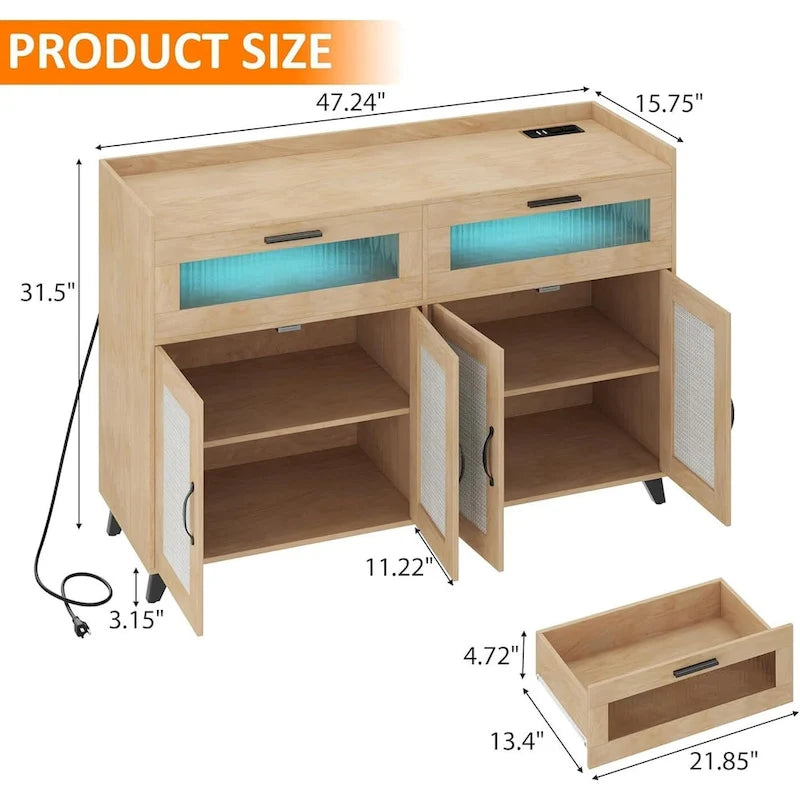 Buffet Sideboard Cabinet with RGB LED Lights and Power Outlets